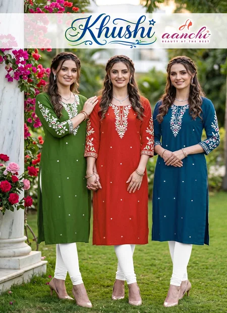 Khushi By Aanchi Roman Silk Embroidery Work Kurtis